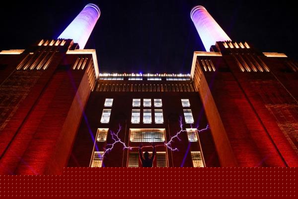 A light show outside London's Battersea Power Station.