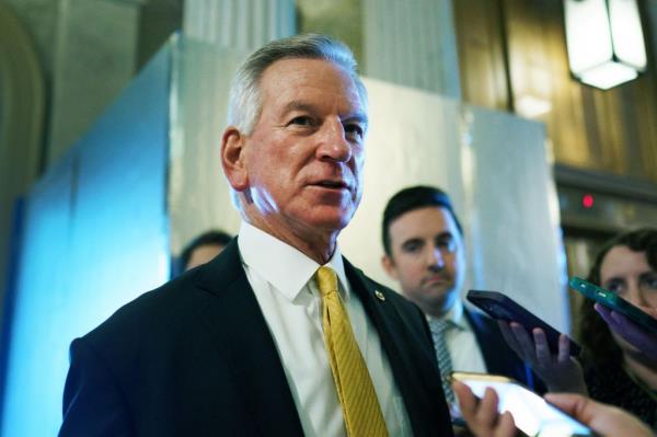 Tuberville speaks to members of the media near the Senate floor in the US Capitol